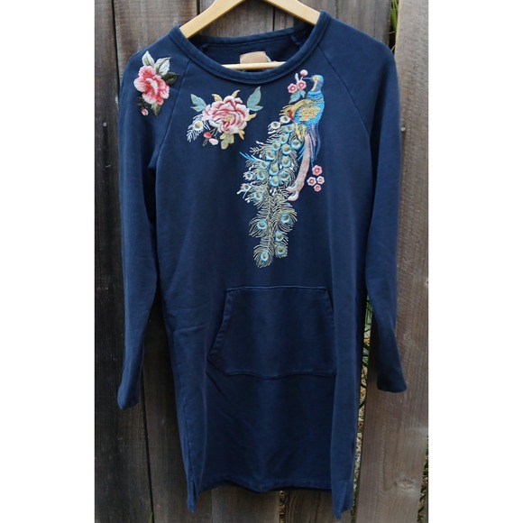 DRIFTWOOD Sweaters - Driftwood Layla‎ Embroidered Peacock Floral Tunic Sweatshirt Dress Women's S